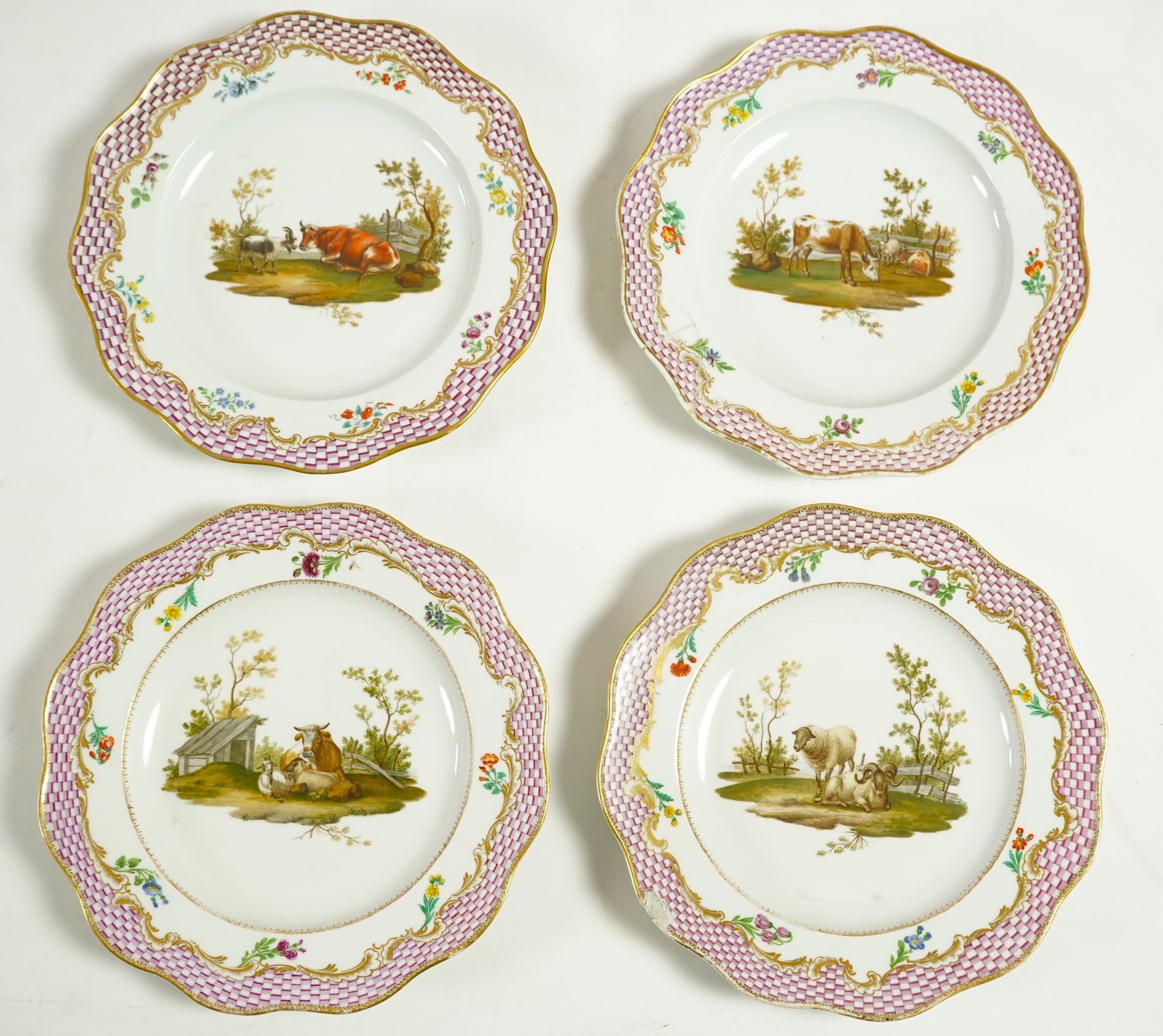 Four Meissen pastoral landscape plates, c.1760